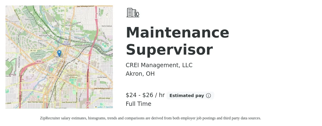CREI Management, LLC job posting for a Maintenance Supervisor in Akron, OH with a salary of $25 to $28 Hourly with a map of Akron location.