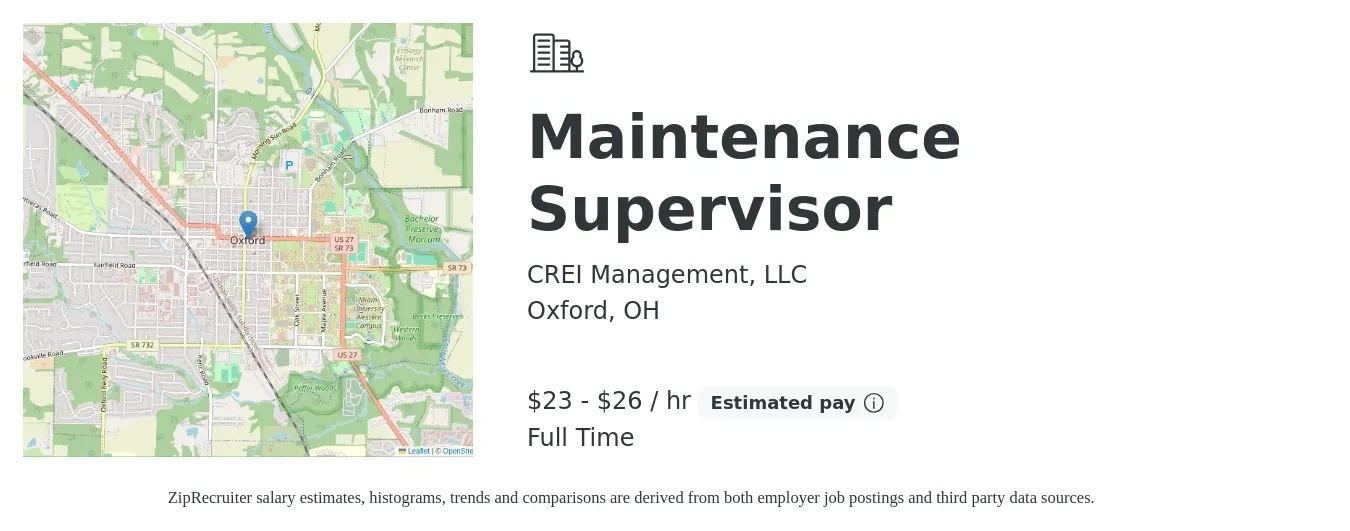 CREI Management, LLC job posting for a Maintenance Supervisor in Oxford, OH with a salary of $24 to $28 Hourly with a map of Oxford location.