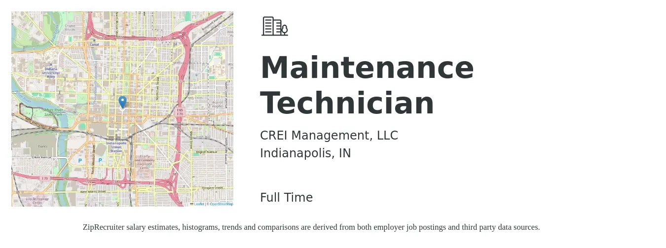 CREI Management, LLC job posting for a Maintenance Technician in Indianapolis, IN with a salary of $18 to $26 Hourly with a map of Indianapolis location.