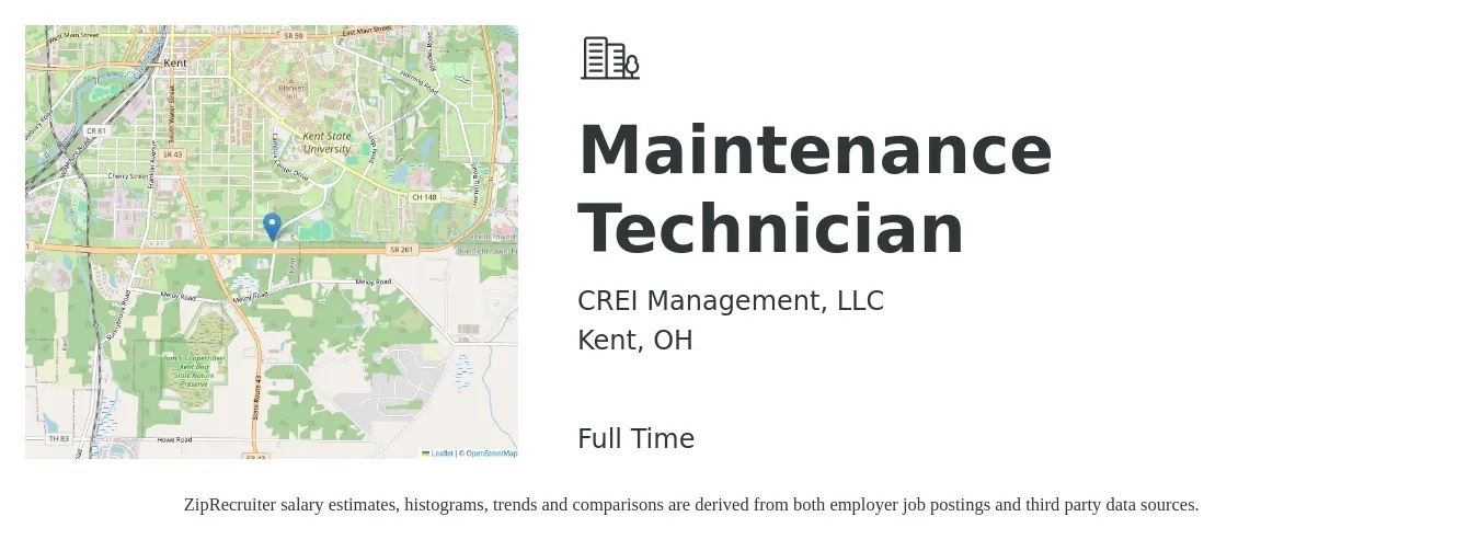 CREI Management, LLC job posting for a Maintenance Technician in Kent, OH with a salary of $18 to $24 Hourly with a map of Kent location.