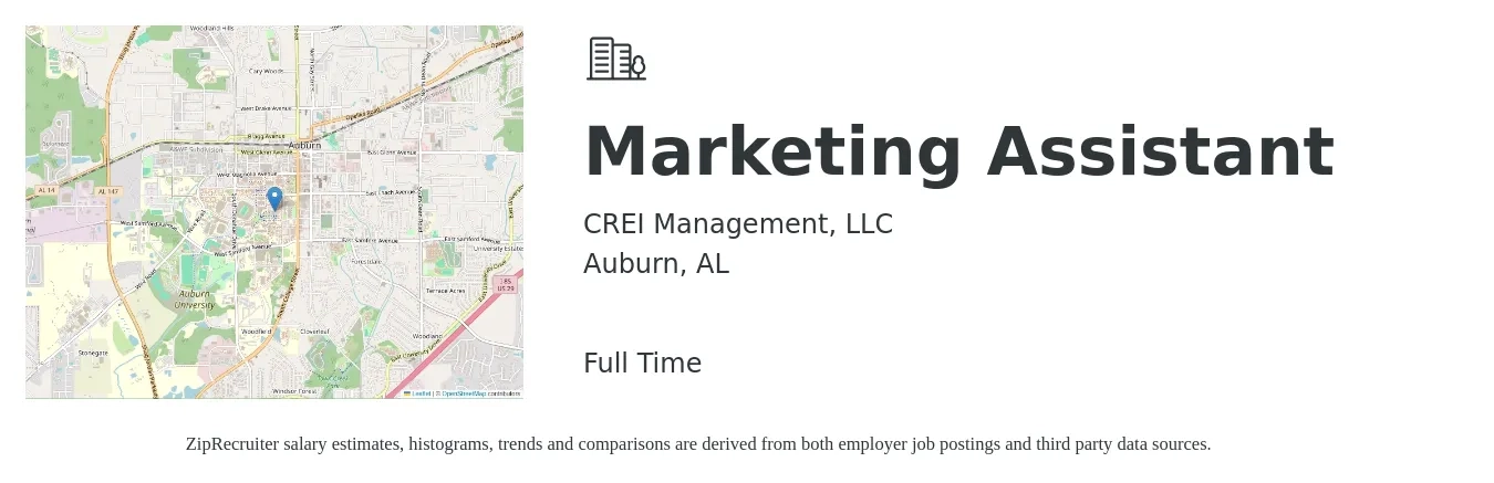 CREI Management, LLC job posting for a Marketing Assistant in Auburn, AL with a salary of $33,200 to $41,900 Yearly with a map of Auburn location.