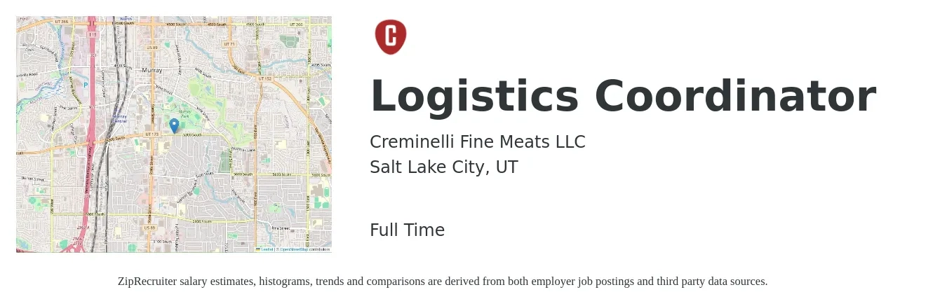 Creminelli Fine Meats LLC job posting for a Logistics Coordinator in Salt Lake City, UT with a salary of $19 to $25 Hourly with a map of Salt Lake City location.