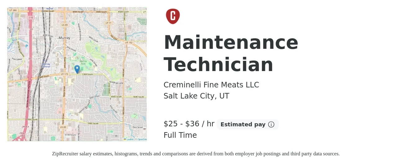 Creminelli Fine Meats LLC job posting for a Maintenance Technician in Salt Lake City, UT with a salary of $18 to $26 Hourly with a map of Salt Lake City location.