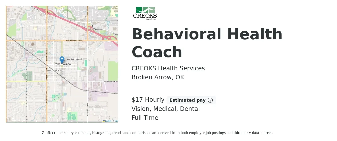 CREOKS Health Services job posting for a Behavioral Health Coach in Broken Arrow, OK with a salary of $18 Hourly and benefits including medical, pto, retirement, vision, dental, and life_insurance with a map of Broken Arrow location.