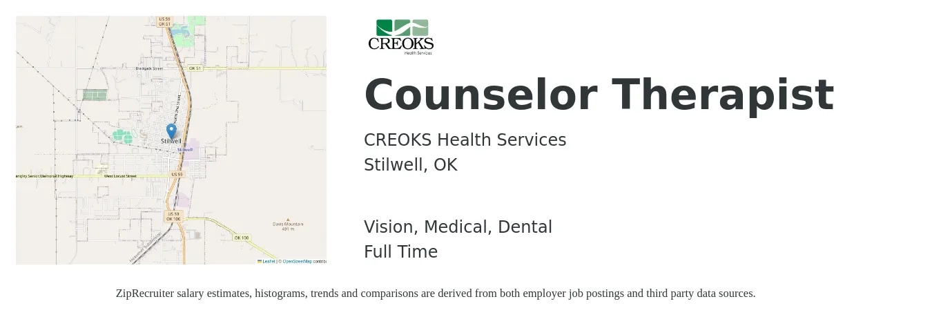 CREOKS Health Services job posting for a Counselor Therapist in Stilwell, OK with a salary of $51,500 to $72,900 Yearly and benefits including dental, life_insurance, medical, pto, retirement, and vision with a map of Stilwell location.