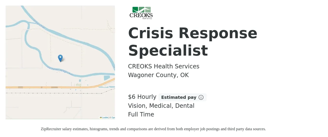 CREOKS Health Services job posting for a Crisis Response Specialist in Wagoner County, OK with a salary of $7 Hourly and benefits including life_insurance, medical, pto, retirement, vision, and dental with a map of Wagoner County location.