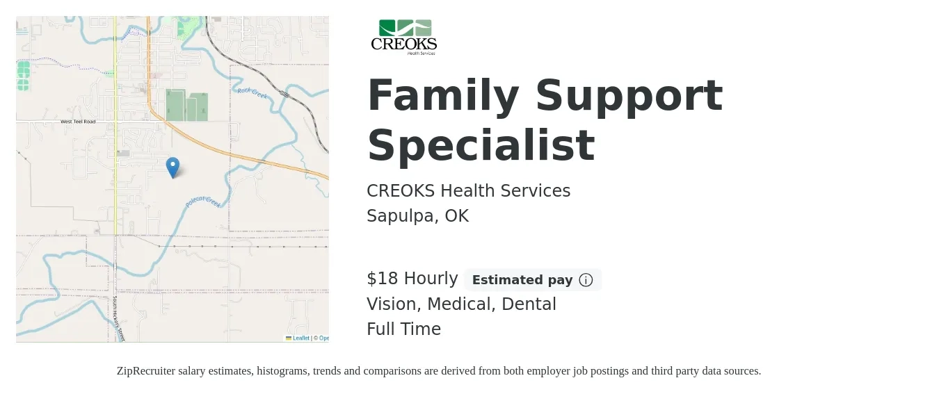 CREOKS Health Services job posting for a Family Support Specialist in Sapulpa, OK with a salary of $19 Hourly and benefits including life_insurance, medical, pto, retirement, vision, and dental with a map of Sapulpa location.