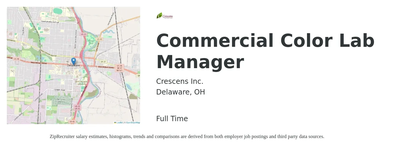Crescens Inc. job posting for a Commercial Color Lab Manager in Delaware, OH with a salary of $34,200 to $80,700 Yearly with a map of Delaware location.
