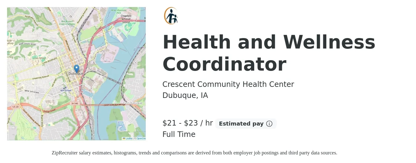 Crescent Community Health Center job posting for a Health and Wellness Coordinator in Dubuque, IA with a salary of $22 to $24 Hourly with a map of Dubuque location.