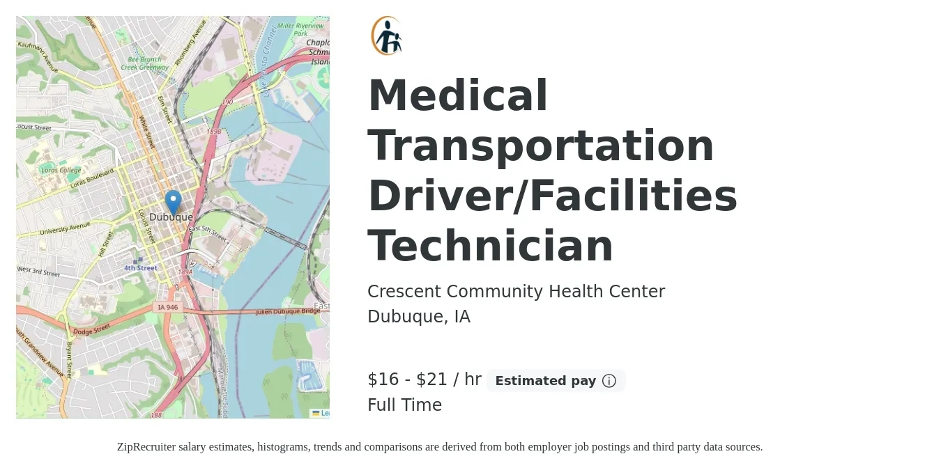 Crescent Community Health Center job posting for a Medical Transportation Driver/Facilities Technician in Dubuque, IA with a salary of $17 to $22 Hourly with a map of Dubuque location.