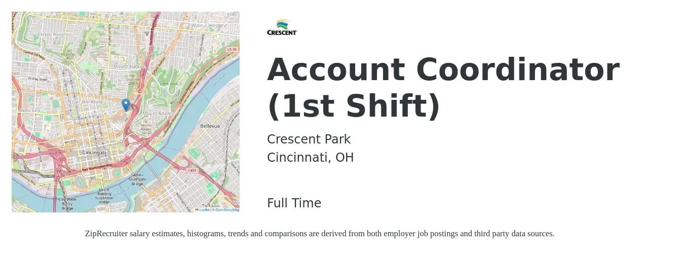 Crescent Park job posting for a Account Coordinator (1st Shift) in Cincinnati, OH with a salary of $19 to $25 Hourly with a map of Cincinnati location.