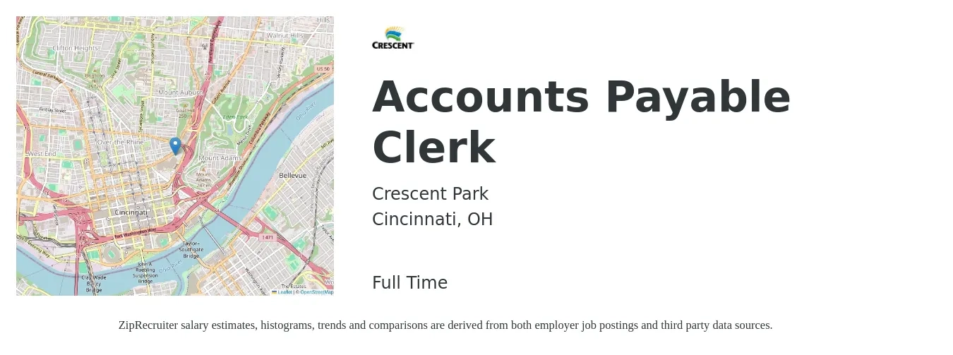 Crescent Park job posting for a Accounts Payable Clerk in Cincinnati, OH with a salary of $18 to $23 Hourly with a map of Cincinnati location.