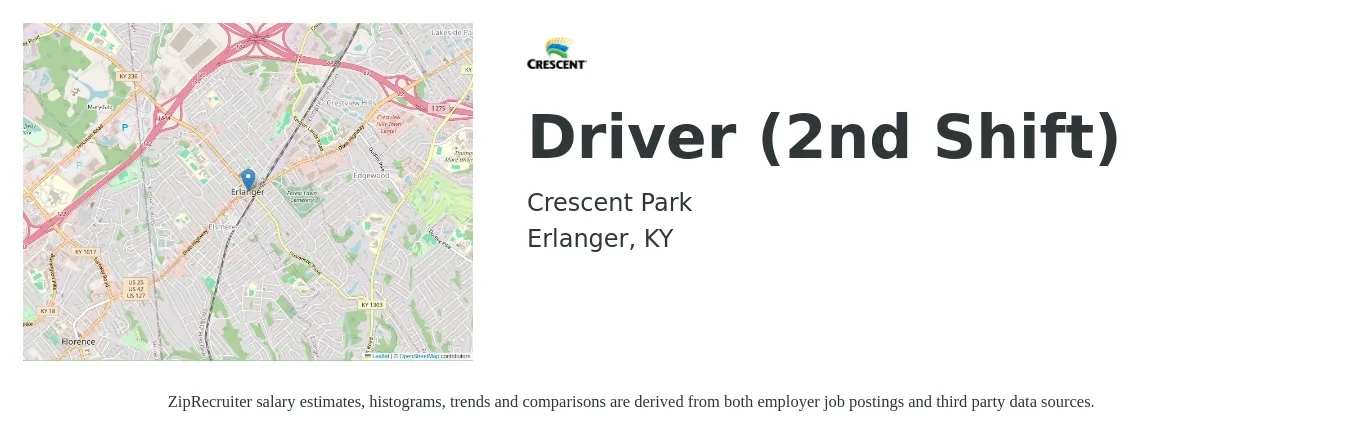 Crescent Park job posting for a Driver (2nd Shift) in Erlanger, KY with a salary of $1,210 to $1,770 Weekly with a map of Erlanger location.