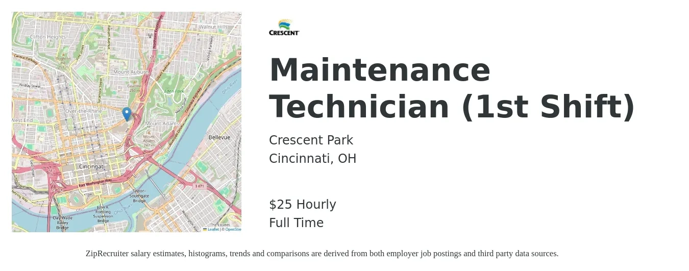 Crescent Park job posting for a Maintenance Technician (1st Shift) in Cincinnati, OH with a salary of $27 Hourly with a map of Cincinnati location.