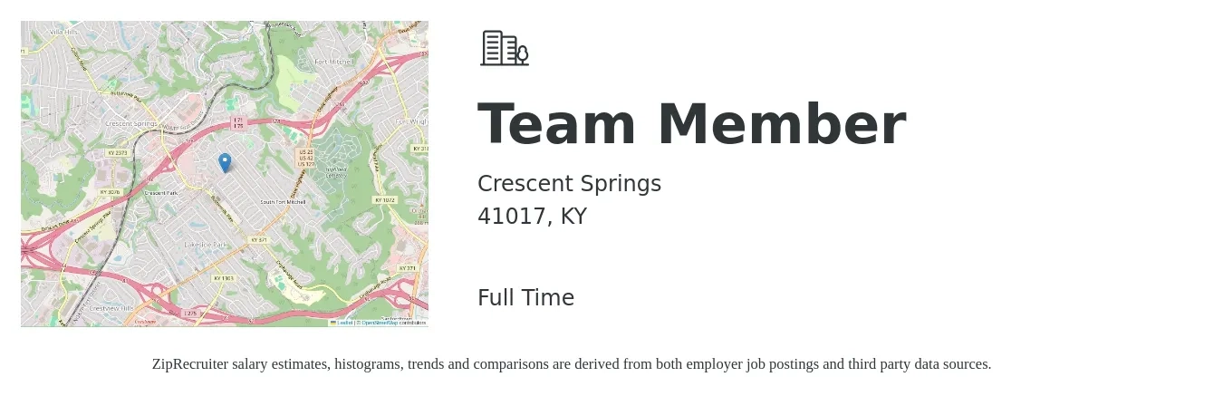 Crescent Springs job posting for a Team Member in 41017, KY with a salary of $12 to $16 Hourly with a map of 41017 location.