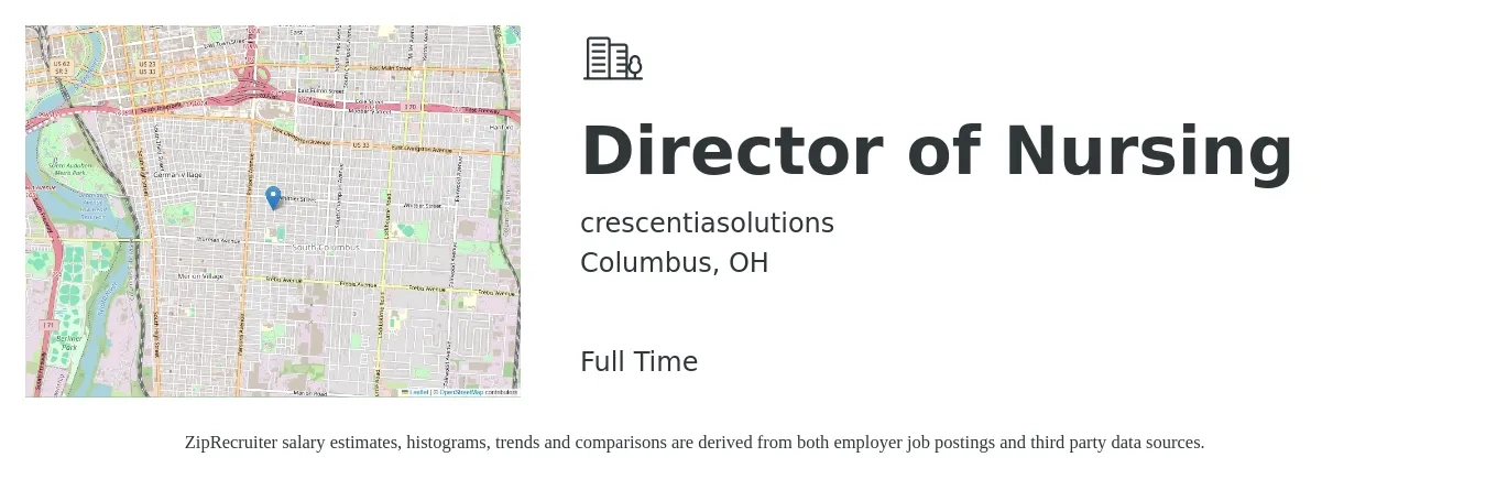 crescentiasolutions job posting for a Director of Nursing in Columbus, OH with a salary of $78,000 to $117,900 Yearly with a map of Columbus location.
