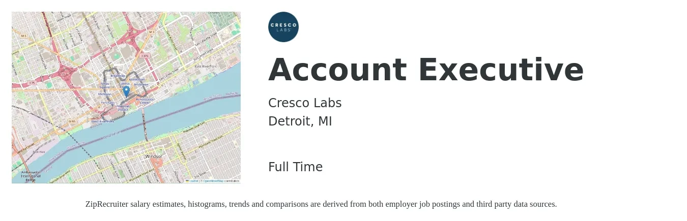 Cresco Labs job posting for a Account Executive in Detroit, MI with a salary of $53,500 to $94,000 Yearly with a map of Detroit location.