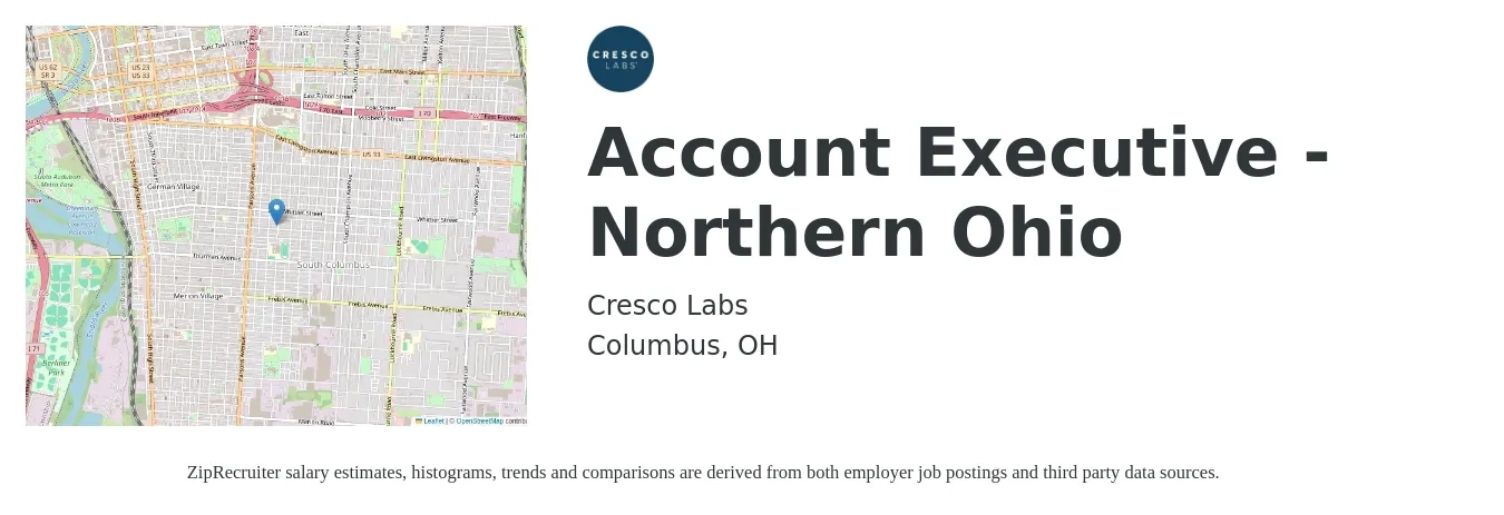 Cresco Labs job posting for a Account Executive - Northern Ohio in Columbus, OH with a salary of $52,200 to $91,800 Yearly with a map of Columbus location.