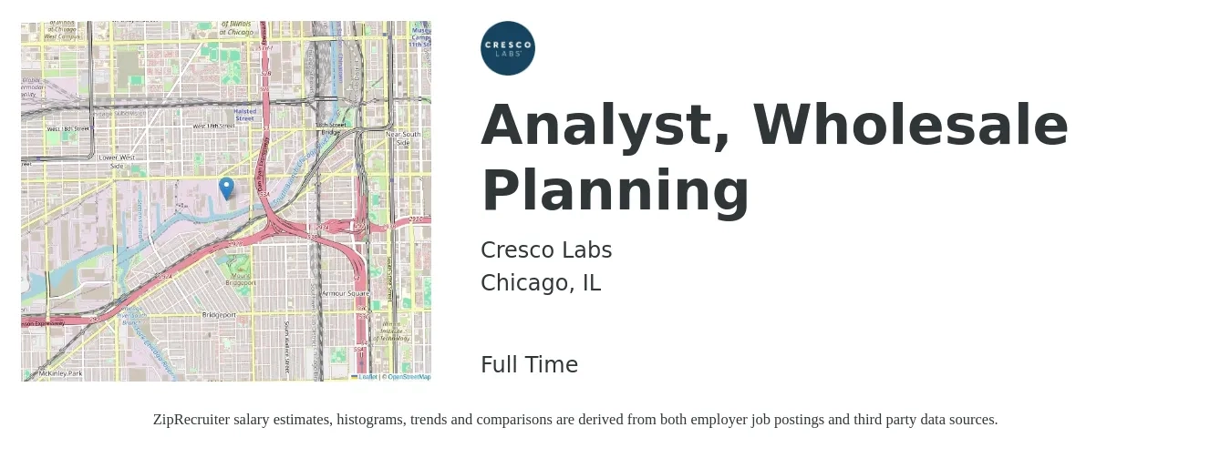 Cresco Labs job posting for a Analyst, Wholesale Planning in Chicago, IL with a salary of $62,800 to $92,700 Yearly with a map of Chicago location.