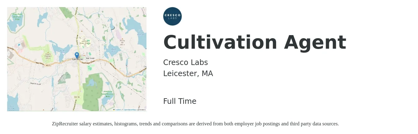 Cresco Labs job posting for a Cultivation Agent in Leicester, MA with a salary of $15 to $20 Hourly with a map of Leicester location.
