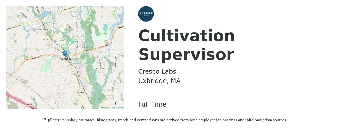 Cresco Labs job posting for a Cultivation Supervisor in Uxbridge, MA with a salary of $43,100 to $70,200 Yearly with a map of Uxbridge location.