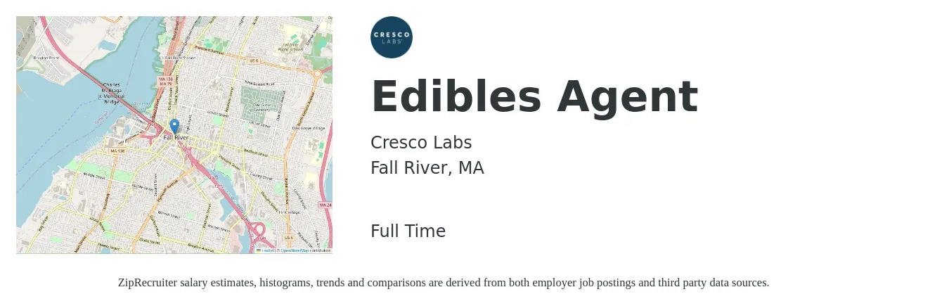 Cresco Labs job posting for a Edibles Agent in Fall River, MA with a salary of $17 to $25 Hourly with a map of Fall River location.