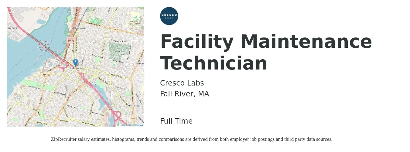 Cresco Labs job posting for a Facility Maintenance Technician in Fall River, MA with a salary of $19 to $26 Hourly with a map of Fall River location.