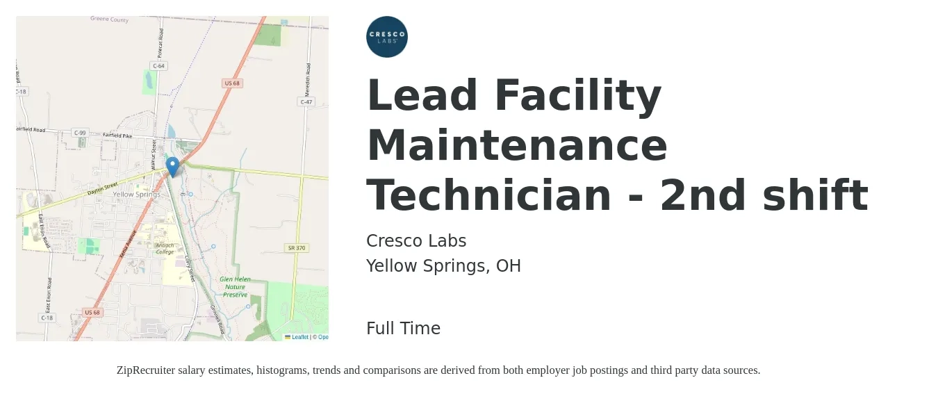 Cresco Labs job posting for a Lead Facility Maintenance Technician - 2nd shift in Yellow Springs, OH with a salary of $20 to $28 Hourly with a map of Yellow Springs location.