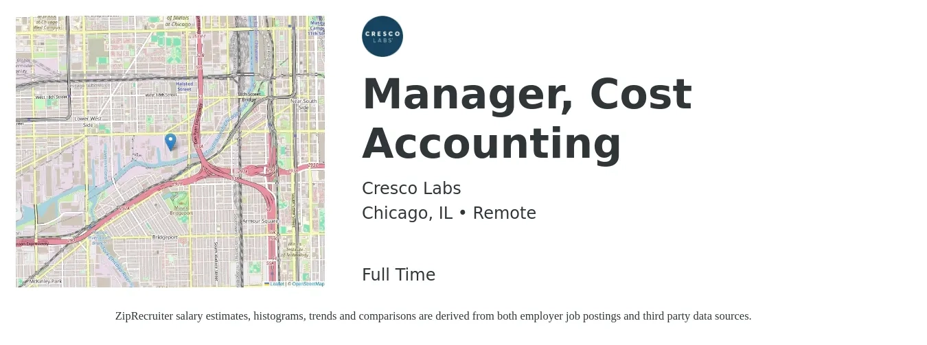 Cresco Labs job posting for a Manager, Cost Accounting in Chicago, IL with a salary of $97,900 to $127,200 Yearly with a map of Chicago location.