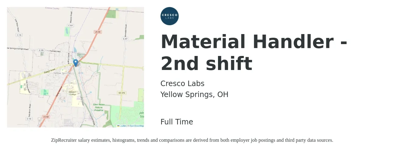 Cresco Labs job posting for a Material Handler - 2nd shift in Yellow Springs, OH with a salary of $15 to $18 Hourly with a map of Yellow Springs location.