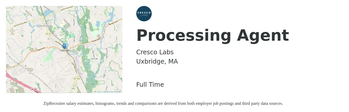 Cresco Labs job posting for a Processing Agent in Uxbridge, MA with a map of Uxbridge location.