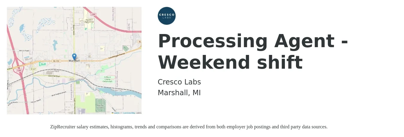 Cresco Labs job posting for a Processing Agent - Weekend shift in Marshall, MI with a map of Marshall location.