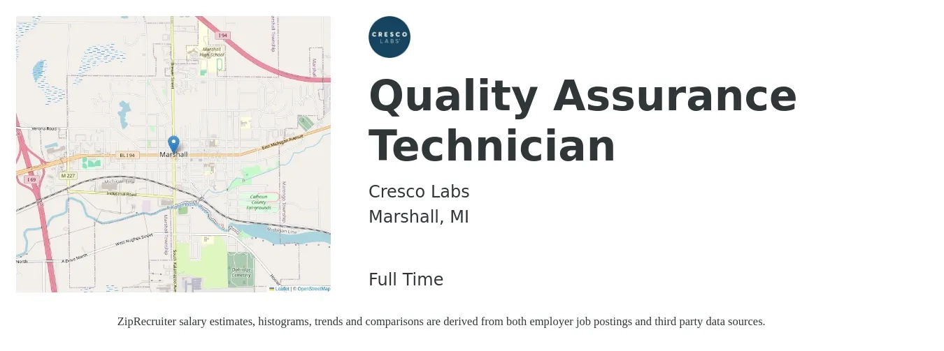 Cresco Labs job posting for a Quality Assurance Technician in Marshall, MI with a salary of $18 to $24 Hourly with a map of Marshall location.