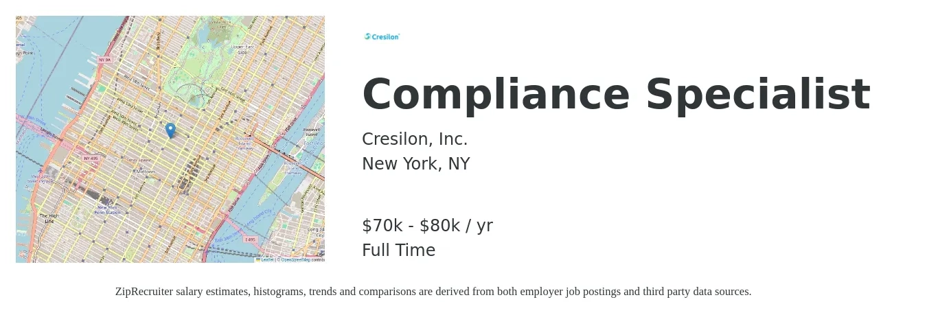 Cresilon, Inc. job posting for a Compliance Specialist in New York, NY with a salary of $70,000 to $80,000 Yearly with a map of New York location.