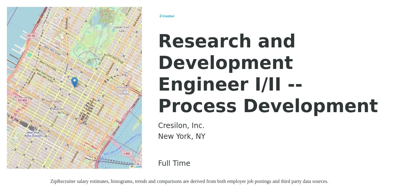 Cresilon, Inc. job posting for a Research and Development Engineer I/II -- Process Development in New York, NY with a salary of $84,500 to $125,000 Yearly with a map of New York location.