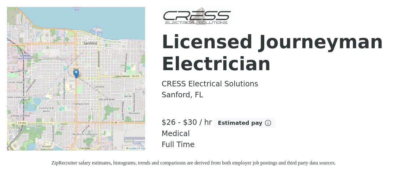 CRESS Electrical Solutions job posting for a Licensed Journeyman Electrician in Sanford, FL with a salary of $28 to $32 Hourly and benefits including medical, pto, and retirement with a map of Sanford location.