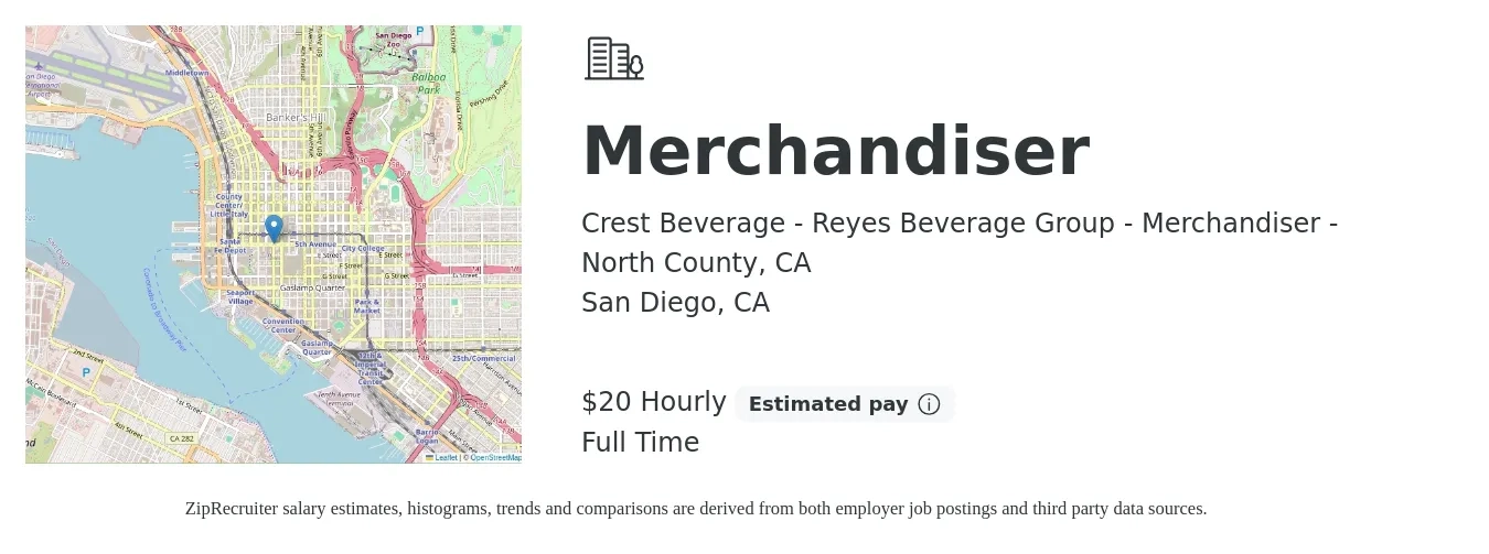 Crest Beverage - Reyes Beverage Group - Merchandiser - North County, CA job posting for a Merchandiser in San Diego, CA with a salary of $21 Hourly with a map of San Diego location.