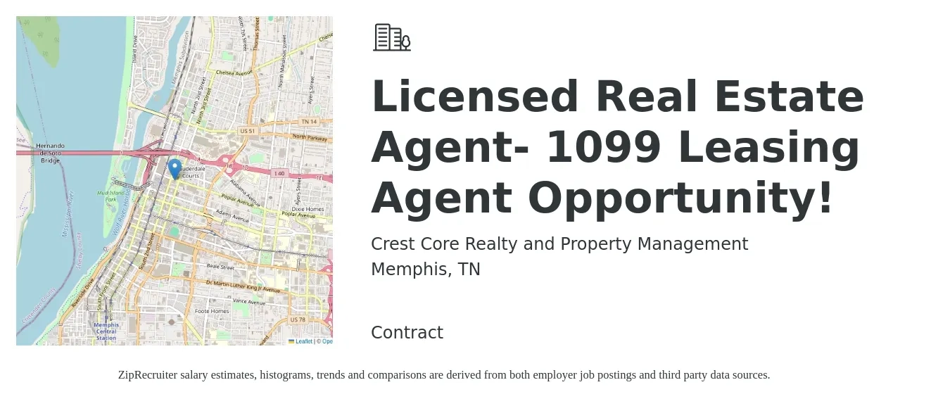 Crest Core Realty and Property Management job posting for a Licensed Real Estate Agent- 1099 Leasing Agent Opportunity! in Memphis, TN with a map of Memphis location.