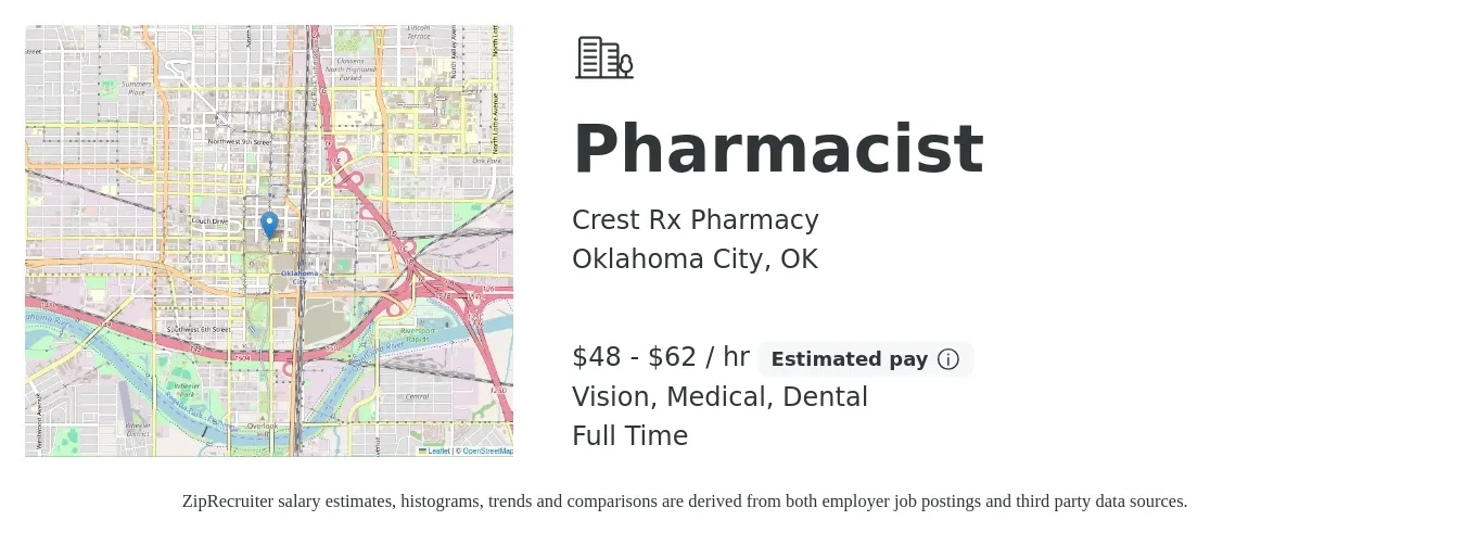 Crest Rx Pharmacy job posting for a Pharmacist in Oklahoma City, OK with a salary of $50 to $65 Hourly and benefits including life_insurance, medical, pto, retirement, vision, and dental with a map of Oklahoma City location.