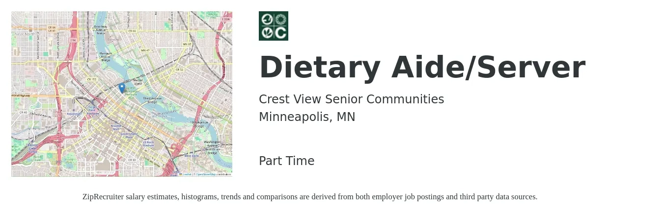 Crest View Senior Communities job posting for a Dietary Aide/Server in Minneapolis, MN with a salary of $16 Hourly with a map of Minneapolis location.
