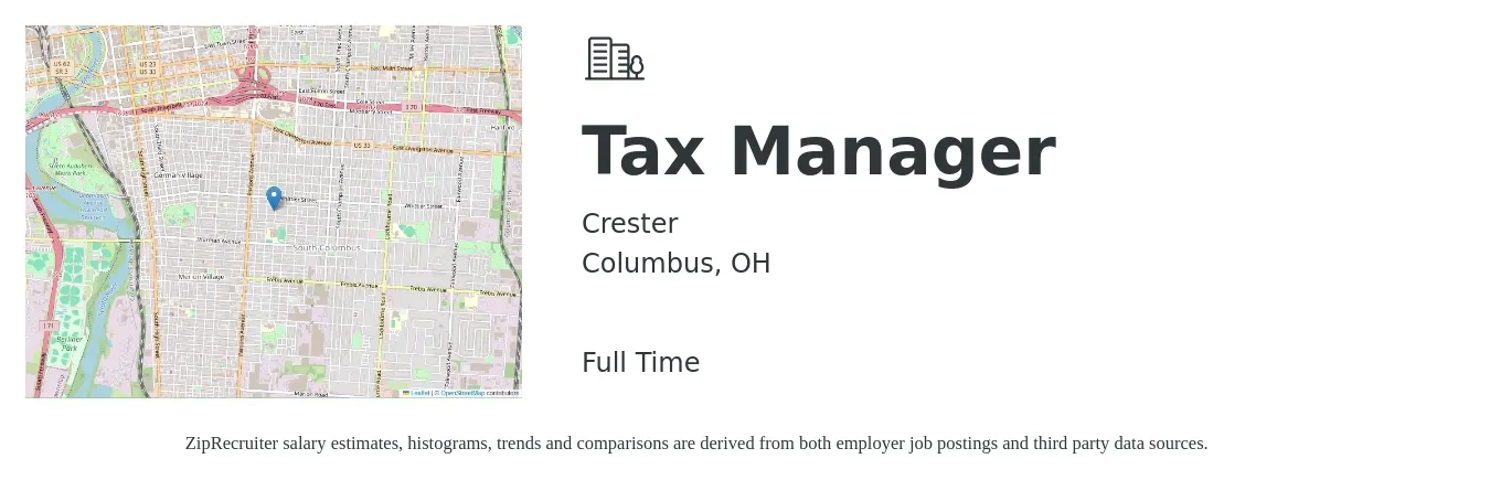 Crester job posting for a Tax Manager in Columbus, OH with a salary of $107,200 to $140,500 Yearly with a map of Columbus location.