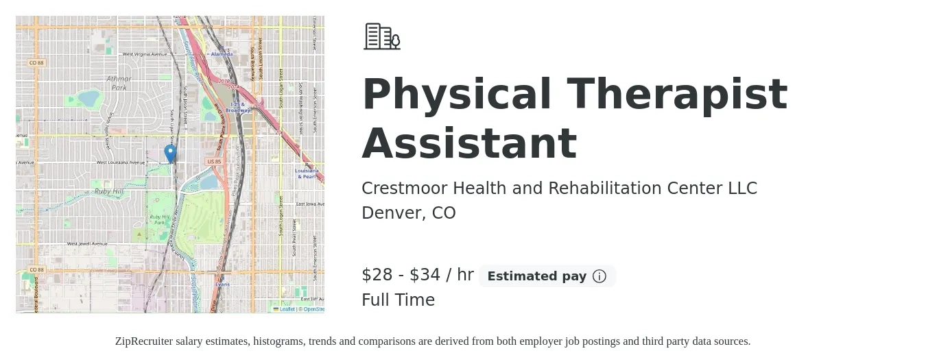 Crestmoor Health and Rehabilitation Center LLC job posting for a Physical Therapist Assistant in Denver, CO with a salary of $30 to $36 Hourly with a map of Denver location.