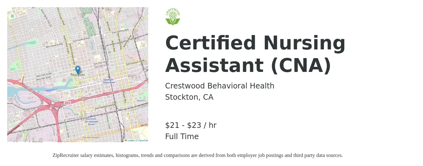 Crestwood Behavioral Health job posting for a Certified Nursing Assistant (CNA) in Stockton, CA with a salary of $22 to $24 Hourly with a map of Stockton location.