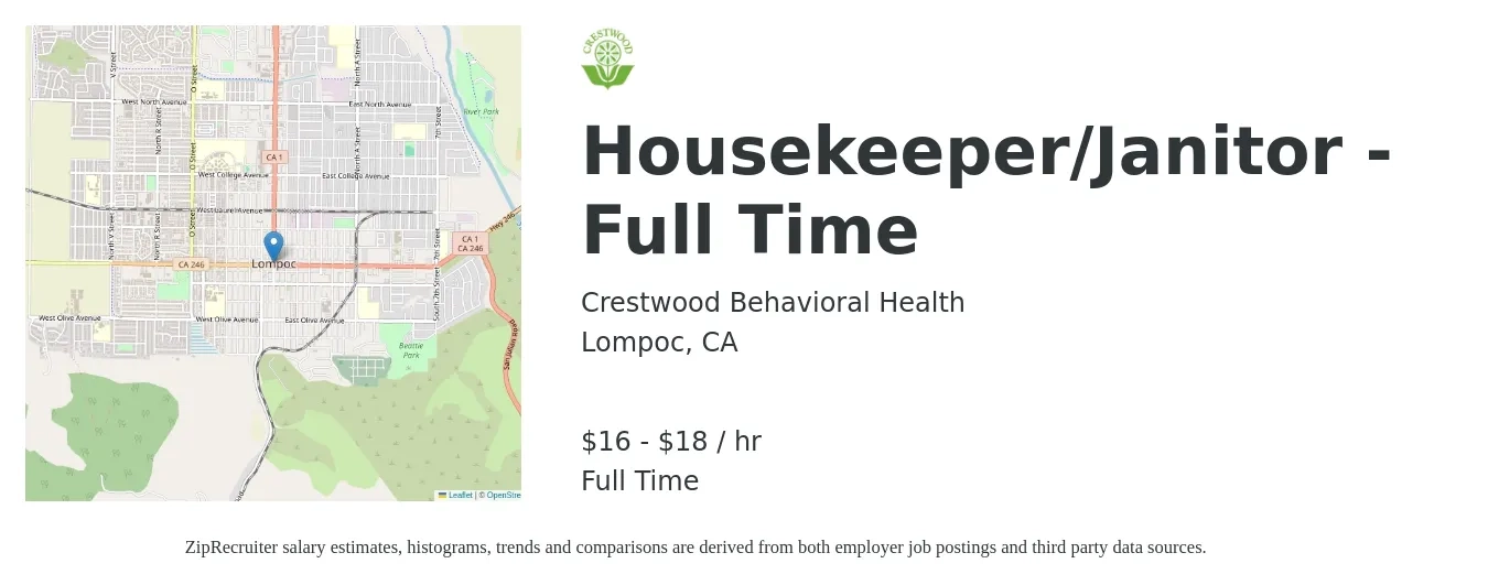 Crestwood Behavioral Health job posting for a Housekeeper/Janitor - Full Time in Lompoc, CA with a salary of $17 to $19 Hourly with a map of Lompoc location.