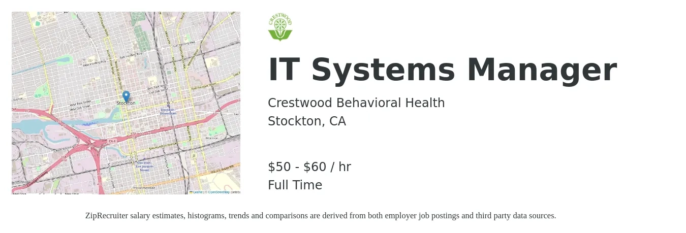 Crestwood Behavioral Health job posting for a IT Systems Manager in Stockton, CA with a salary of $53 to $63 Hourly with a map of Stockton location.