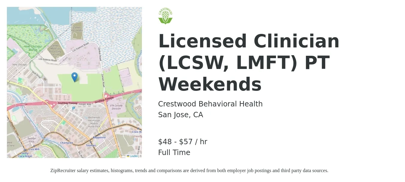 Crestwood Behavioral Health job posting for a Licensed Clinician (LCSW, LMFT) PT Weekends in San Jose, CA with a salary of $50 to $60 Hourly with a map of San Jose location.