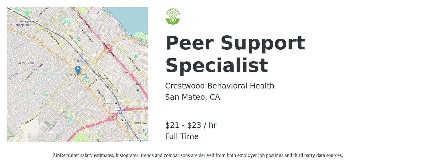 Crestwood Behavioral Health job posting for a Peer Support Specialist in San Mateo, CA with a salary of $22 to $24 Hourly with a map of San Mateo location.