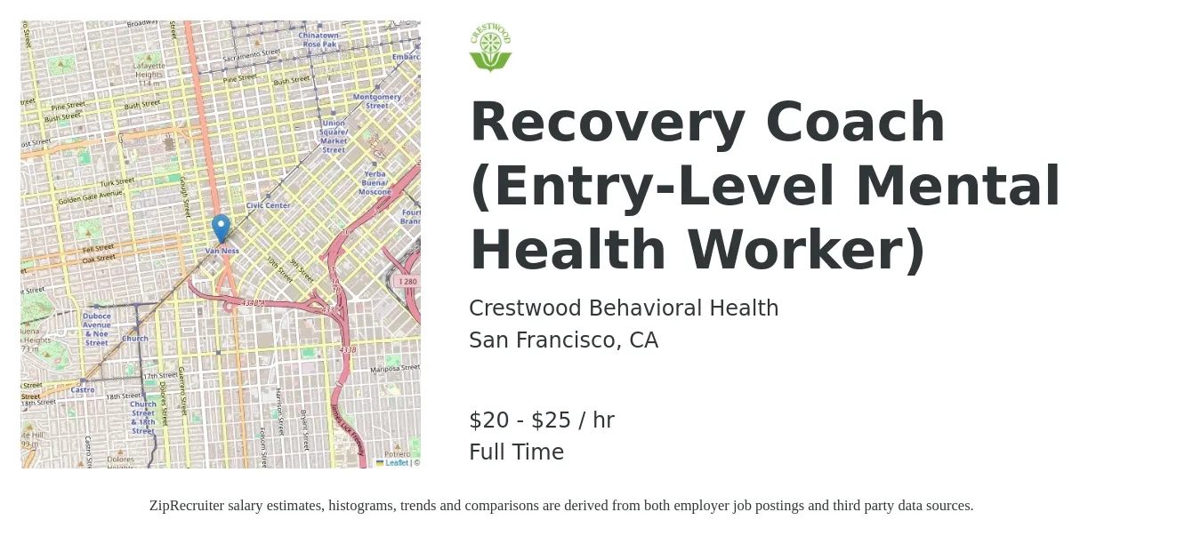 Crestwood Behavioral Health job posting for a Recovery Coach (Entry-Level Mental Health Worker) in San Francisco, CA with a salary of $22 to $26 Hourly with a map of San Francisco location.