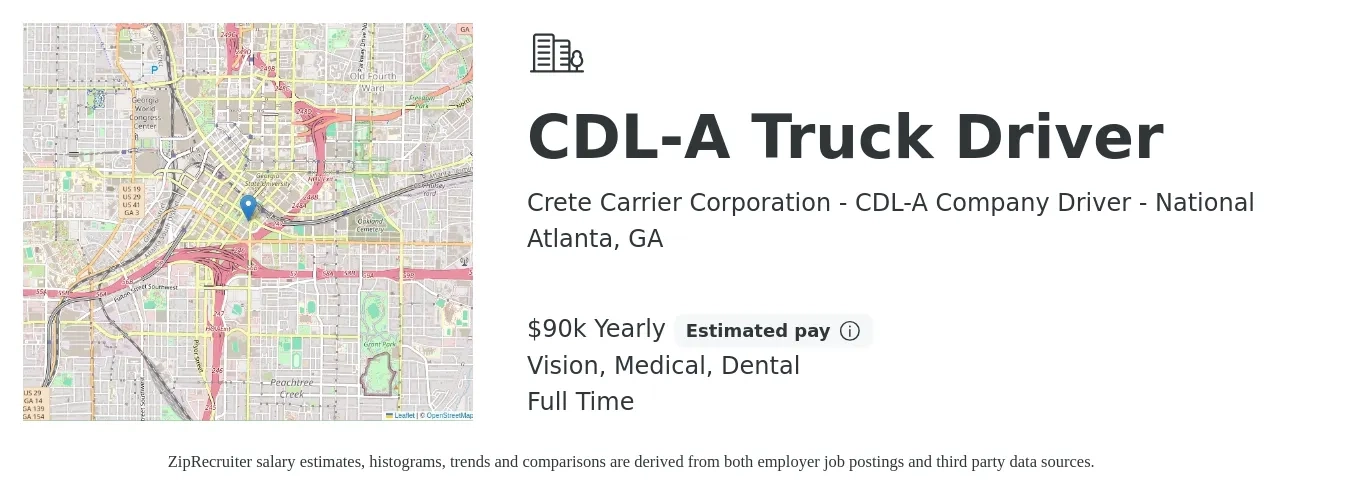 Crete Carrier Corporation - CDL-A Company Driver - National job posting for a CDL-A Truck Driver in Atlanta, GA with a salary of $90,518 Yearly and benefits including medical, retirement, vision, and dental with a map of Atlanta location.