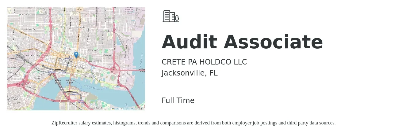 CRETE PA HOLDCO LLC job posting for a Audit Associate in Jacksonville, FL with a salary of $51,700 to $73,300 Yearly with a map of Jacksonville location.